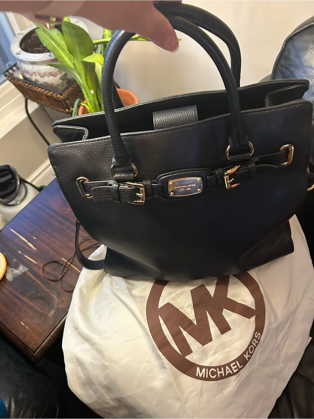 Michael Kors Hamilton Black Leather Satchel with Gold-Tone Accents